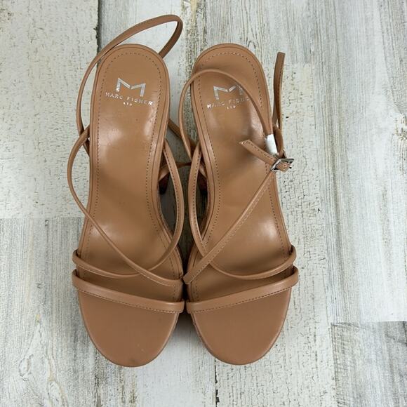 Marc Fisher Womens 8.5 tan leather buckle platform sandal new strappy espadrille - Picture 2 of 12